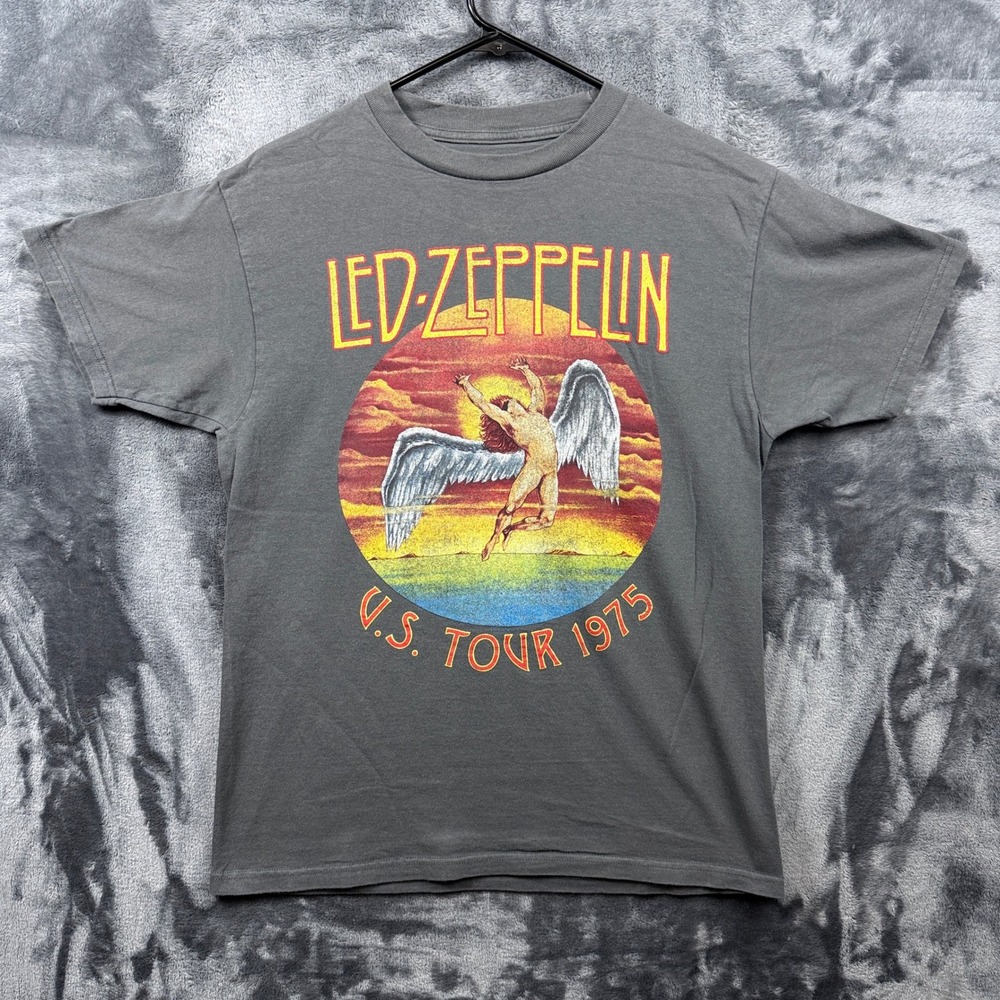 Led Zeppelin T-Shirt Mens Medium Gray US Tour 1975 Icarus Graphic Rock Band Tee